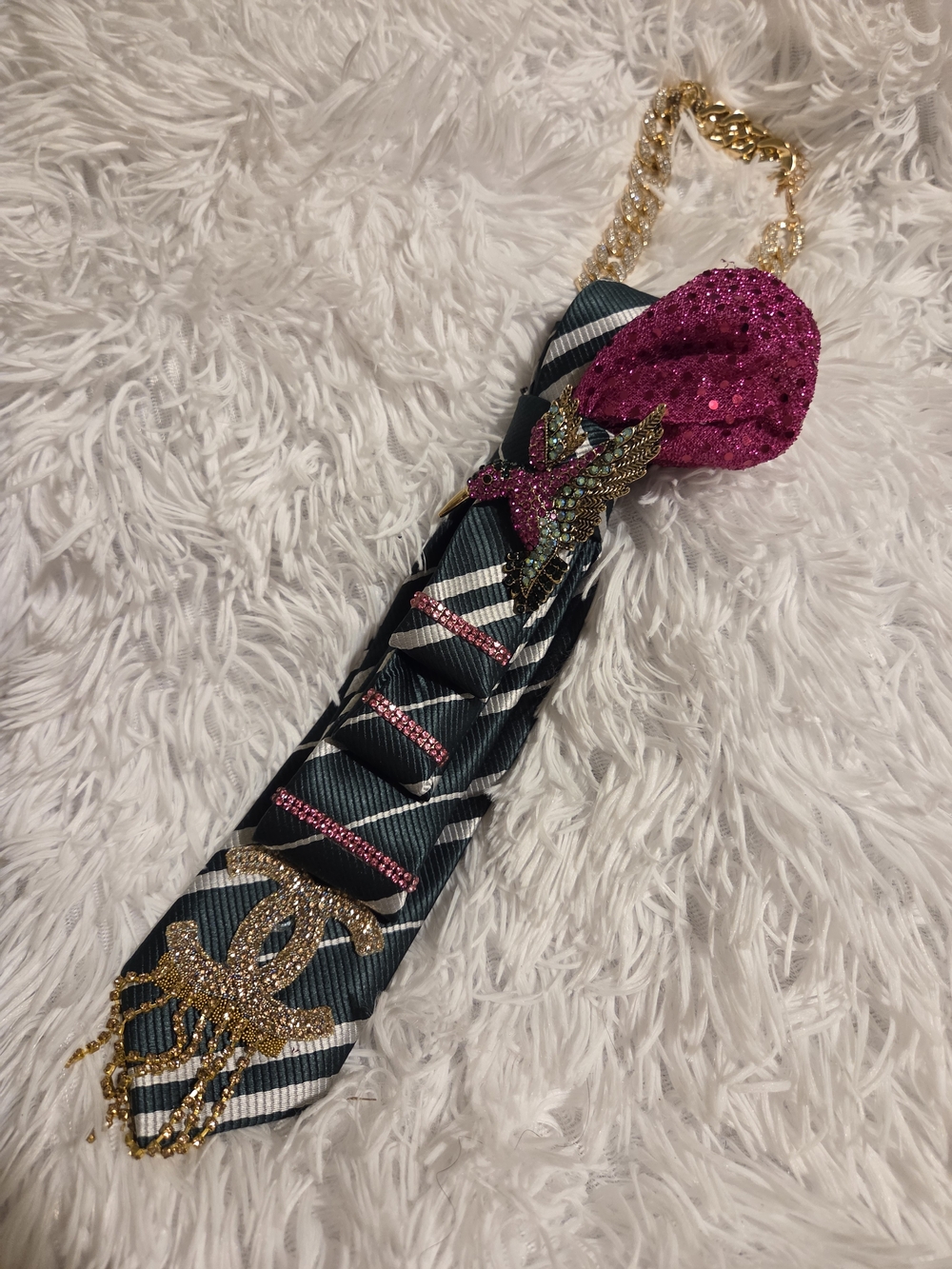 Hand Crafted Pink and Green Embellished Neck Tie Accessory